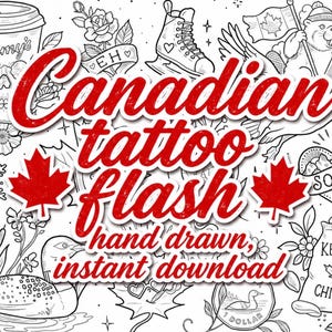 Canadian Tattoo Flash Sheet – Hand Drawn Flower Heart, Bold Outlines (Digital Download)