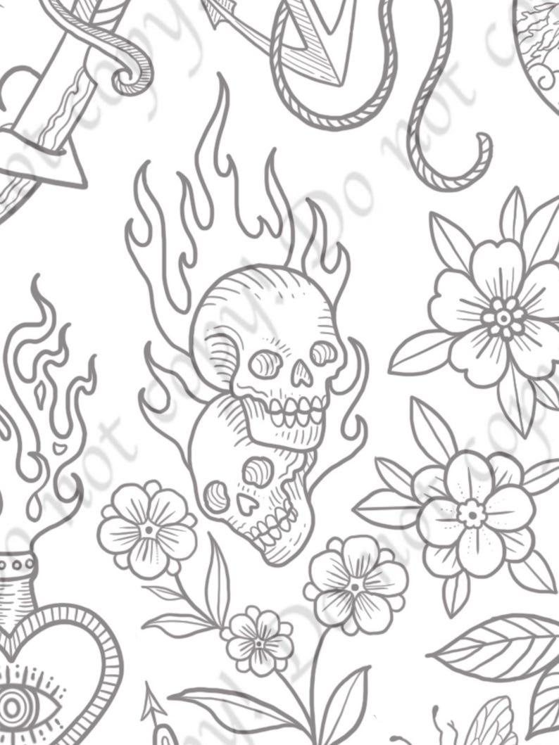 Hand Drawn Tattoo Flash Sheet – Traditional Line Art (Digital Download)