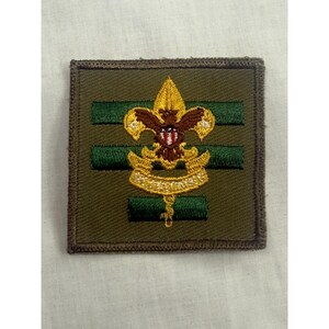 May include: A square patch with a brown border and background. The patch features a gold fleur-de-lis with a brown eagle and a red and white shield. Below the fleur-de-lis is a gold banner with text. Two green horizontal stripes are in the center.