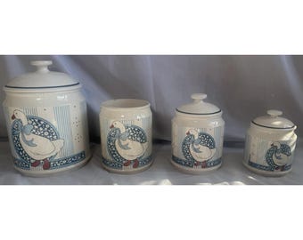 Vintage 1980s B&D Goose Blue Ribbon  4 Piece Ceramic Canister Set RARE