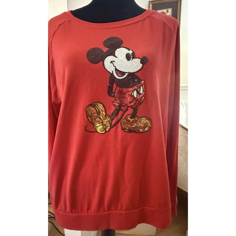 VTG 1980's Ladies Sequined Mickey Mouse Long Sleeve Tshirt By Disney Size XL afbeelding 3