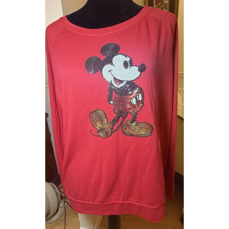 VTG 1980's Ladies Sequined Mickey Mouse Long Sleeve Tshirt By Disney Size XL afbeelding 5