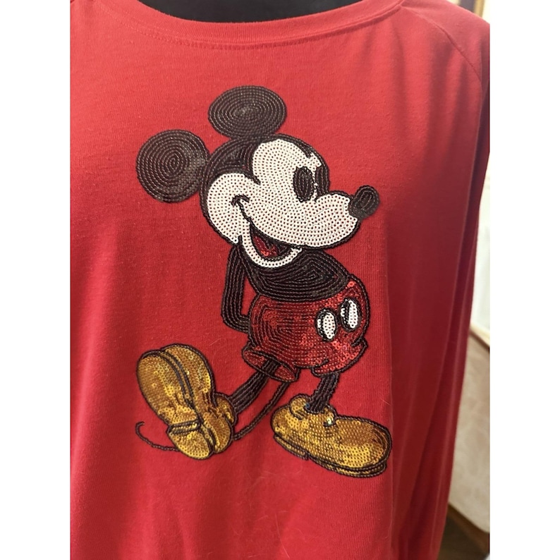 VTG 1980's Ladies Sequined Mickey Mouse Long Sleeve Tshirt By Disney Size XL afbeelding 1
