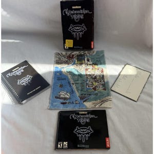 May include: A collection of items from the video game "Neverwinter Nights." Includes a black game box, instruction manual, map, and a PC game case. The game box and manual feature the game's logo, an eye with dripping lines.