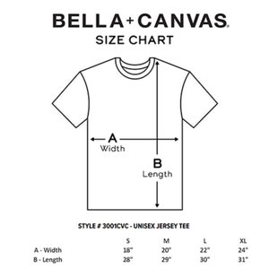 May include: A size chart for a unisex jersey tee, showing the measurements for width and length in inches for sizes S, M, L, and XL. The chart is labeled "Style # 3001CVC - Unisex Jersey Tee".