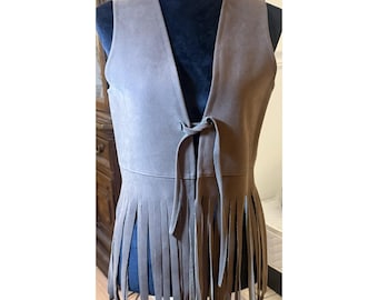1960s Vintage Handmade Faux Suede Leather Fringe Vest Hippie Western Boho Medium