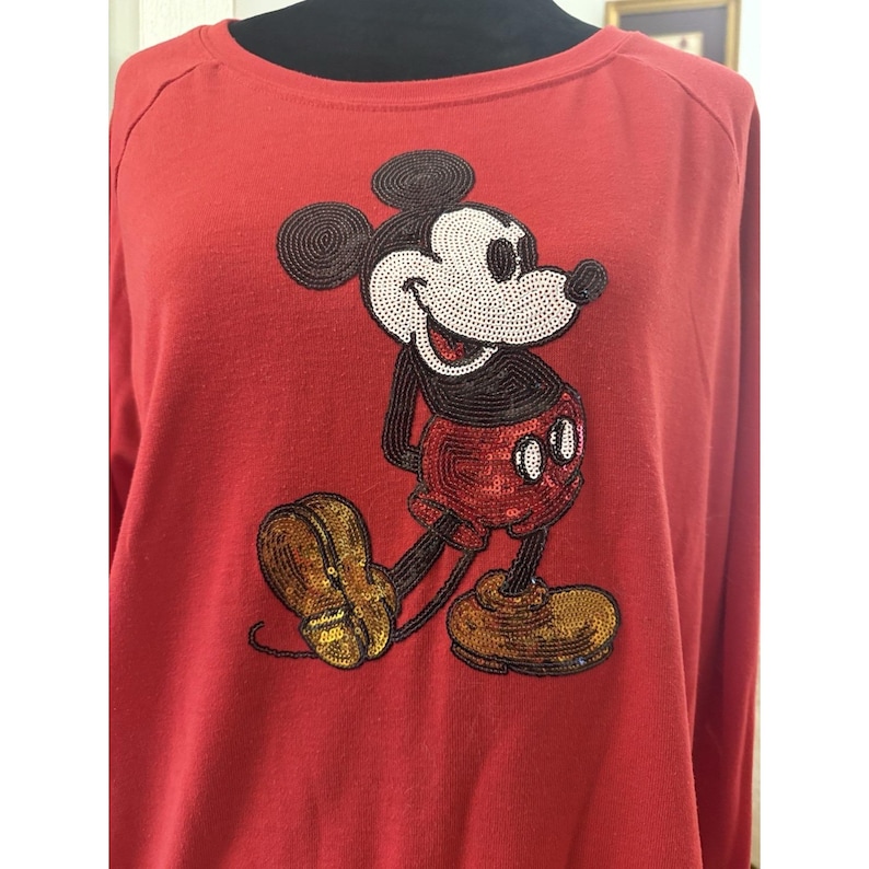 VTG 1980's Ladies Sequined Mickey Mouse Long Sleeve Tshirt By Disney Size XL afbeelding 2