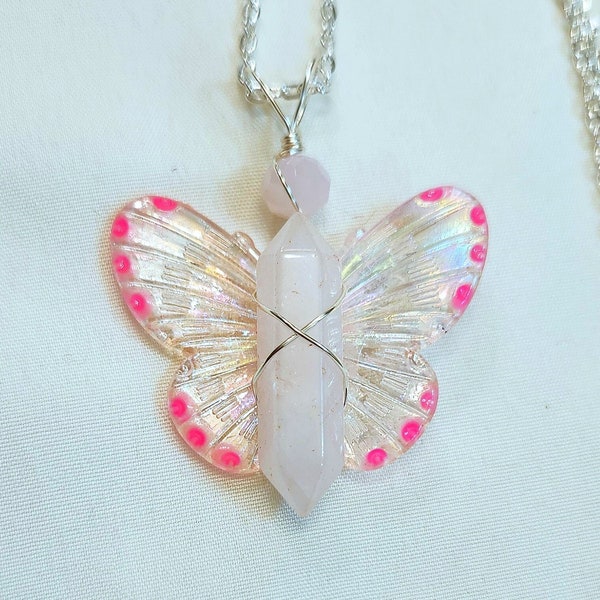 Rose Fairy Butterfly Necklace Rose Quartz Stone Point Glow in the Dark Wings Dainty Feminine Gift for Crystal Lovers