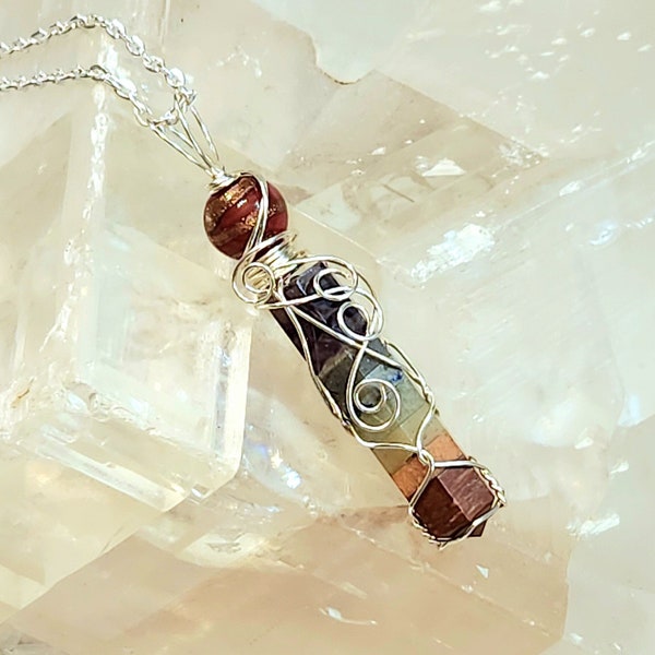Rainbow Chakra Pendulum Necklace, Wire Wrap Healing Crystal, Protection Balancing Divination Stone, Handmade Gift for Meditation Reiki Yogi