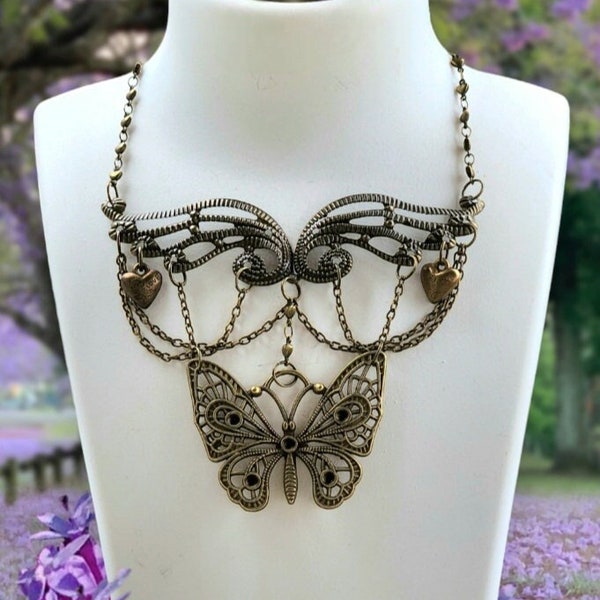 Steampunk Butterfly Choker, Antique Brass Filigree Necklace, Industrial Style Multilayer Chains, Big Bold Ornate Statement Jewelry, Handmade