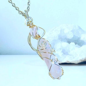 Rose Quartz Necklace, Wire Wrapped Crystal Sterling Silver or Gold, Heart Chakra Love Stone, Romantic Gift for Her, add Matching Earrings