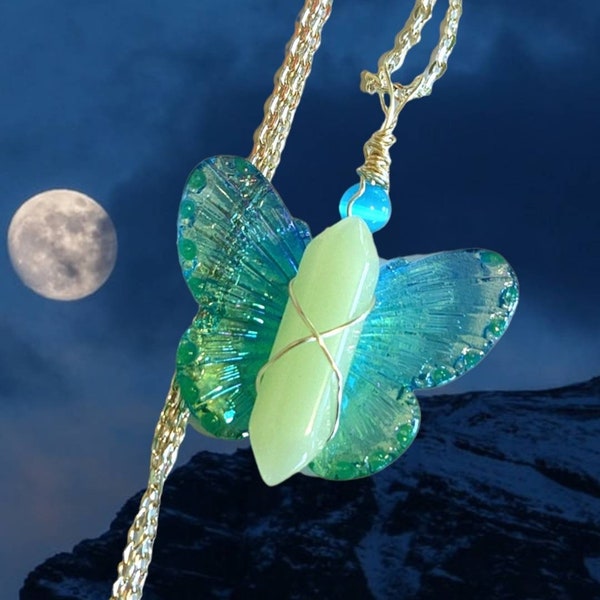 Blue Butterfly Necklace, Glow in the Dark Aura Fairy Wings, Glowing Crystal Pendant, Fairycore Jewelry, Handmade Gift for Her