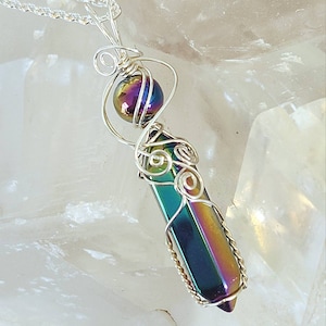 Rainbow Aura Crystal Necklace: Wire Wrapped Titanium Quartz, Zodiac Pendant