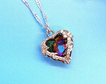 Dainty Heart Necklace, Rainbow Mystic Topaz Gemstone, Sterling Silver Pave Diamonds, Angel Wings Pendant, Delicate Valentines Day Gift