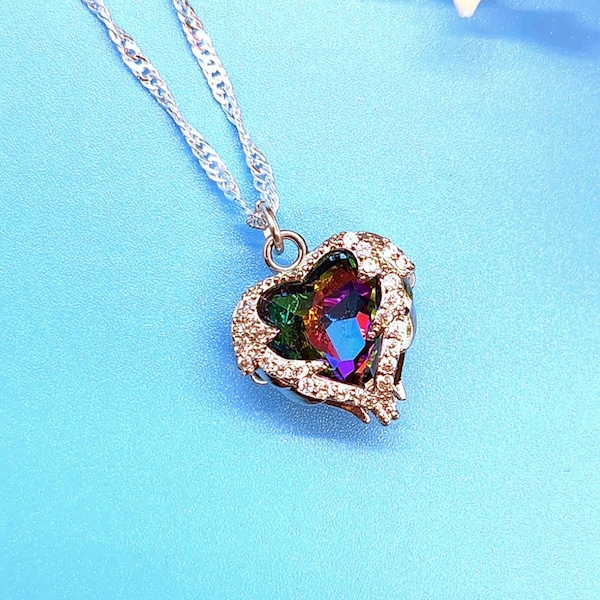 Dainty Heart Necklace, Rainbow Mystic Topaz Gemstone, Sterling Silver Pave Diamonds, Angel Wings Pendant, Delicate Valentines Day Gift