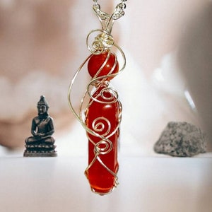 Wire Wrapped Carnelian Crystal Necklace: Sunset Gemstone, Chakra Healing
