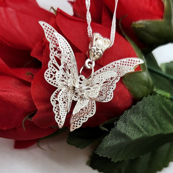 Sterling Necklace "Butterfly in Flight", Dainty Prom Necklace, Vintage Filigree Pendant, Delicate Graduation Gift for Daughter, Girlfriend