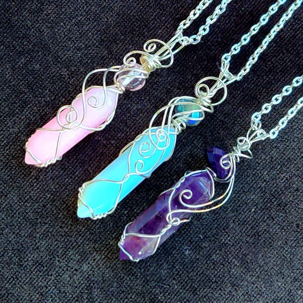 Chakra Crystal Necklace, Rose Quartz Opalite Amethyst Gemstones, Family Birthstone, Custom Wire Wrapped Gift for Him or Her