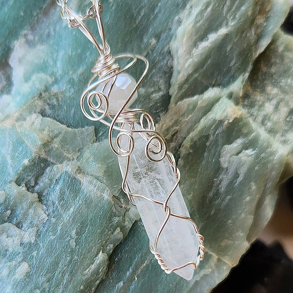 Quartz Crystal Necklace, Sterling Silver/Gold Wire Wrap, Calming Ayurveda Chakra Healing Stone, Custom Made for Her or Him