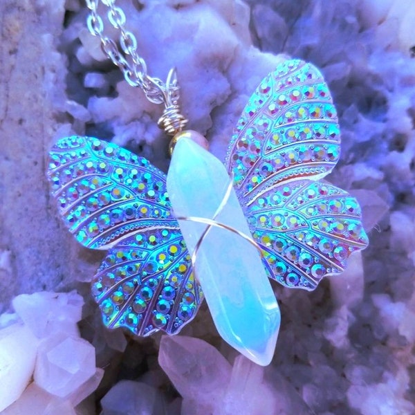 Butterfly Necklace, Wire Wrapped Opalite Crystal Pendant, Sugar Plum Fairy Glow in the Dark Wings, Dainty Fairycore Gift for Daughter/ Teens