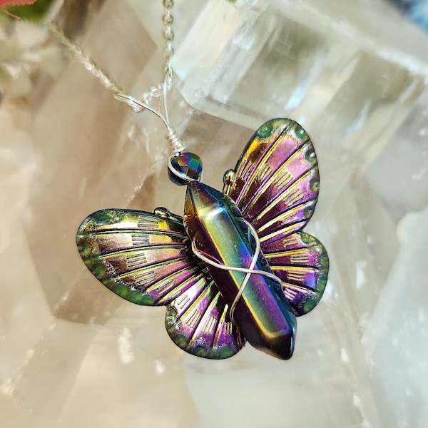 Rainbow Butterfly Necklace, Glow in the Dark Wings, Titanium Aura Crystal, Fairycore Naturecore Jewelry, Dainty Handmade Gift for Her