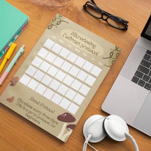 Op de afbeelding: Een bruine papieren kalender met de tekst "Microdosing Fadiman protocol!" en een raster van vierkanten om bij te houden. De kalender bevat ook de tekst "About Protocol: Microdose every three days. This is a go to protocol for beginners." en illustraties van paddenstoelen.