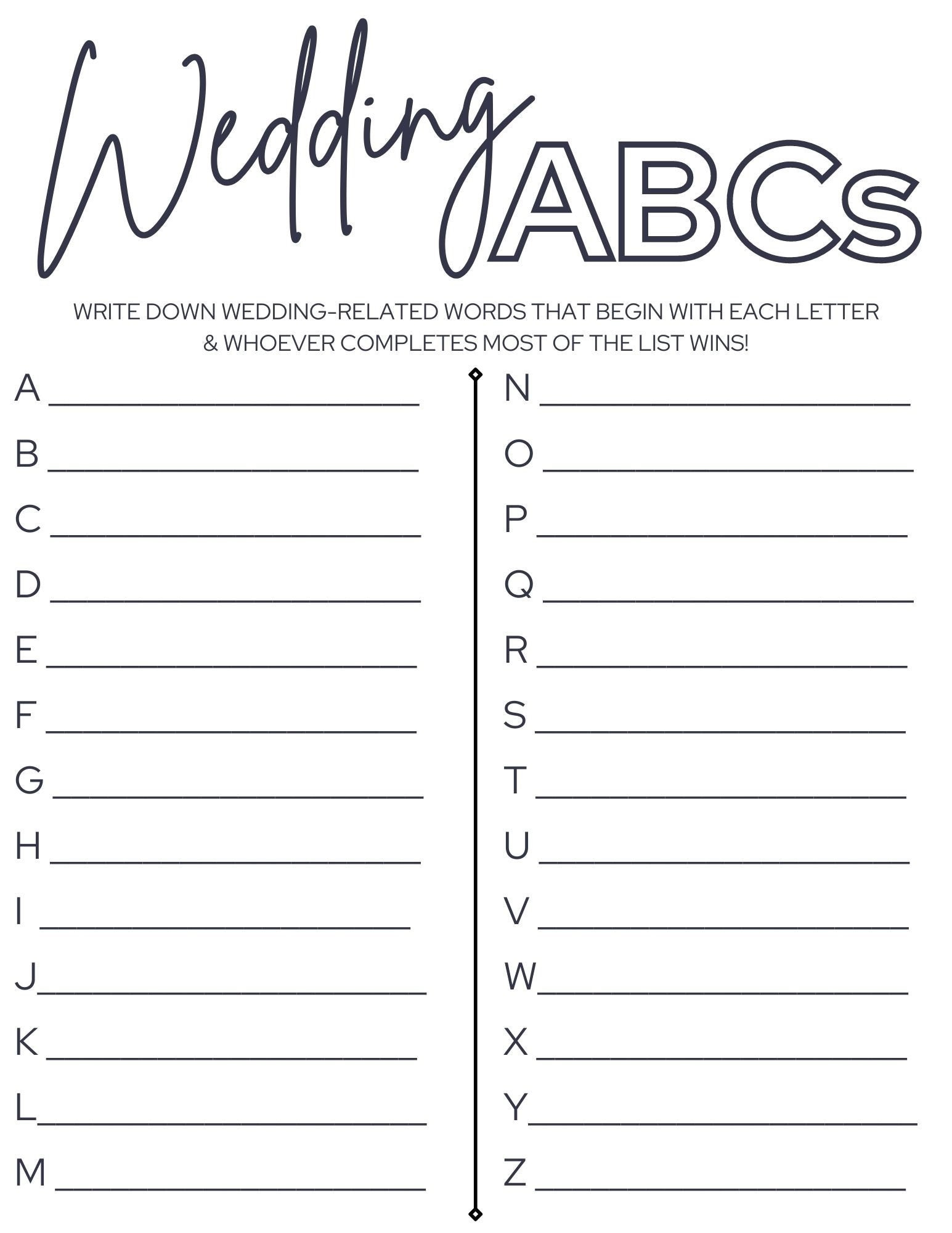 Wedding Abcs Game for Bridal or Wedding Shower - Etsy