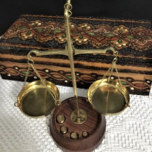 Brass Scales /Scale with  Handmade Vintage Wood box/  Special antique box / miniature scale decor/ Lawyer Gift, Law Office decor
