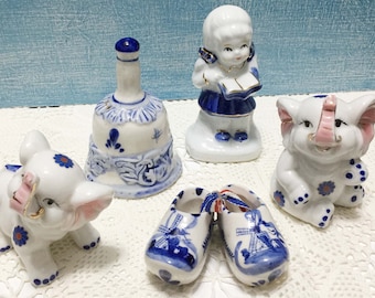 Beautiful Set Vintage Holland Dutch / Porcelain bell elephant sandals girl/  Blue Hand Painted Ceramic/ Dutch gir/Hand-painted blue fiqure