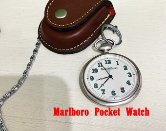 Marlboro Pocket Watch  Swiss Made / Classics USA / Very good condition/ Handmade Real Leather Brown Cover/Vintage Marlboro /