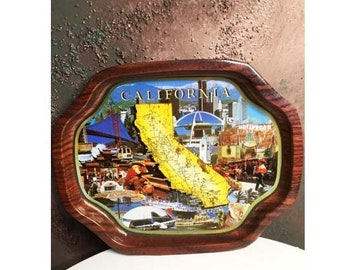 California  Tin 1970s travel, tray, / Decorative vintage tray/Karol Western Tin Tray Serving Decor Hollywood