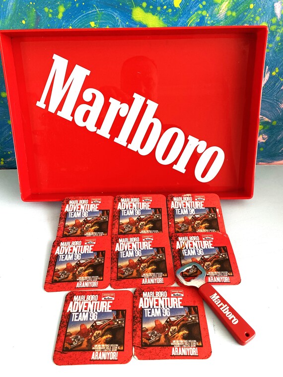 Vintage Marlboro Tray, 8 Pcs. Coaster, Bottle Spout SET, 1980s