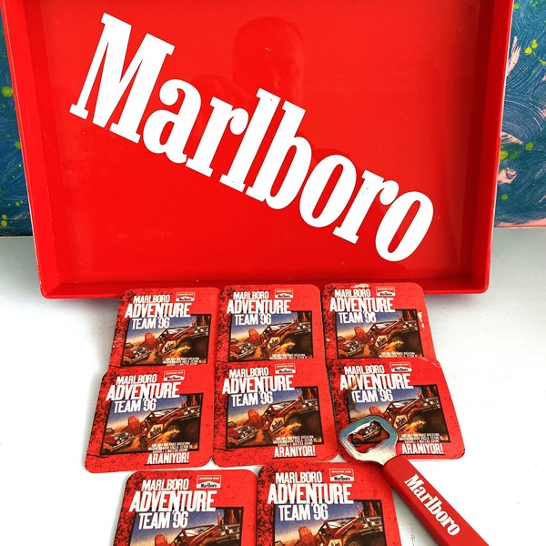 Vintage Marlboro Tray, 8 Pcs. Coaster, Bottle Spout SET, 1980s , Collectible set