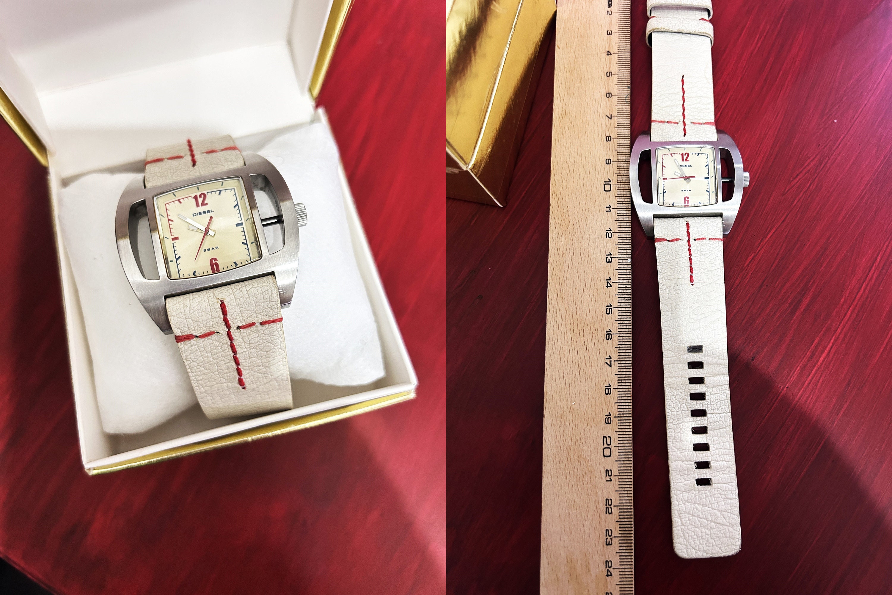 メンズ DIESEL Leather Strap Watch DZ-2109 時計 Red With Tank