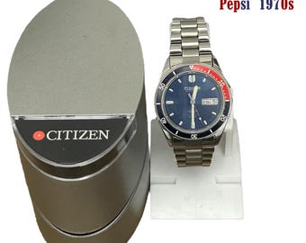 Reloj automático Citizen Pepsi vintage ULTRA RARO; década de 1970, caja, muy buen estado.