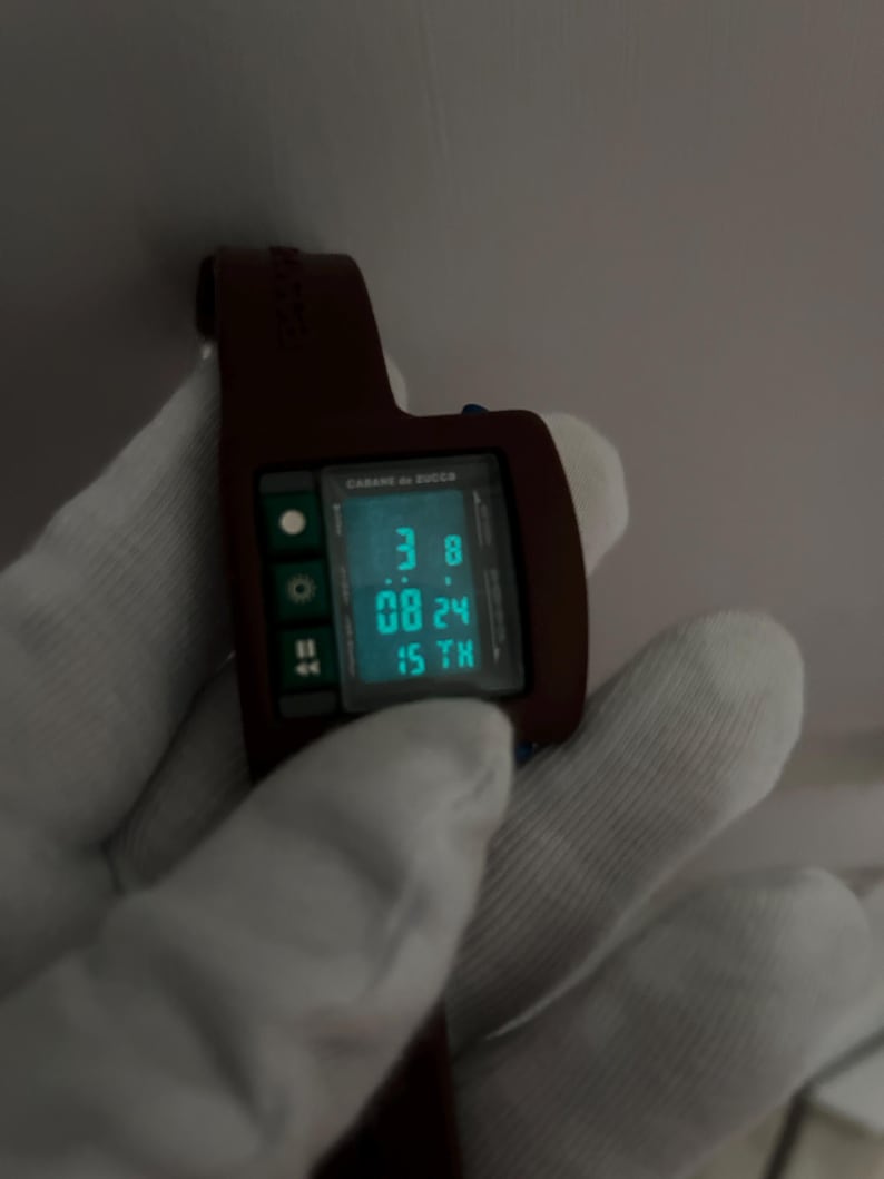 May include: A brown digital watch with a rectangular face displaying the time and date in a teal color. The watch has a matching brown strap and is held by a gloved hand. The watch face reads "CABANE de ZUCCA".