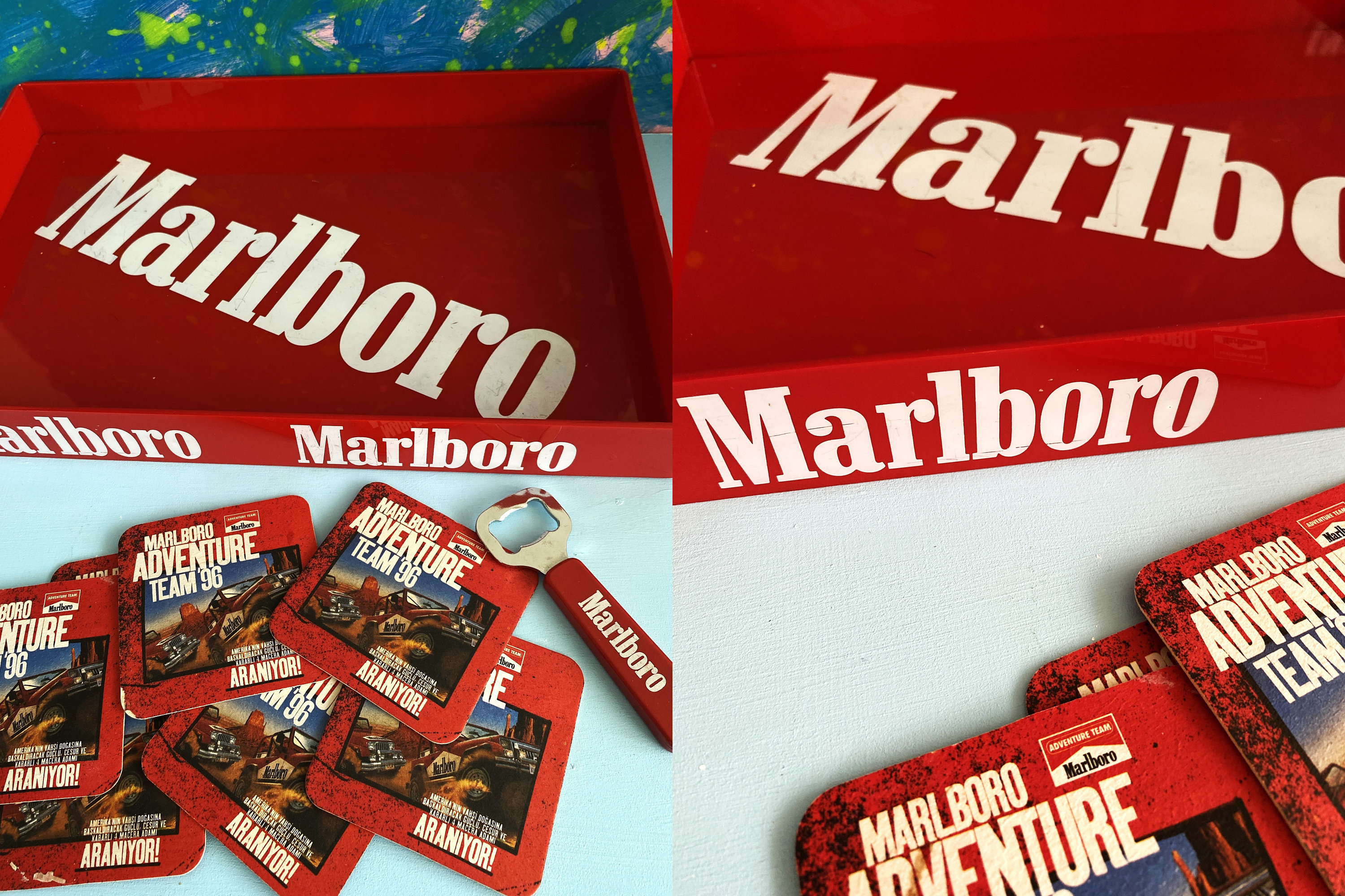 Vintage Marlboro Tray, 8 Pcs. Coaster, Bottle Spout SET, 1980s