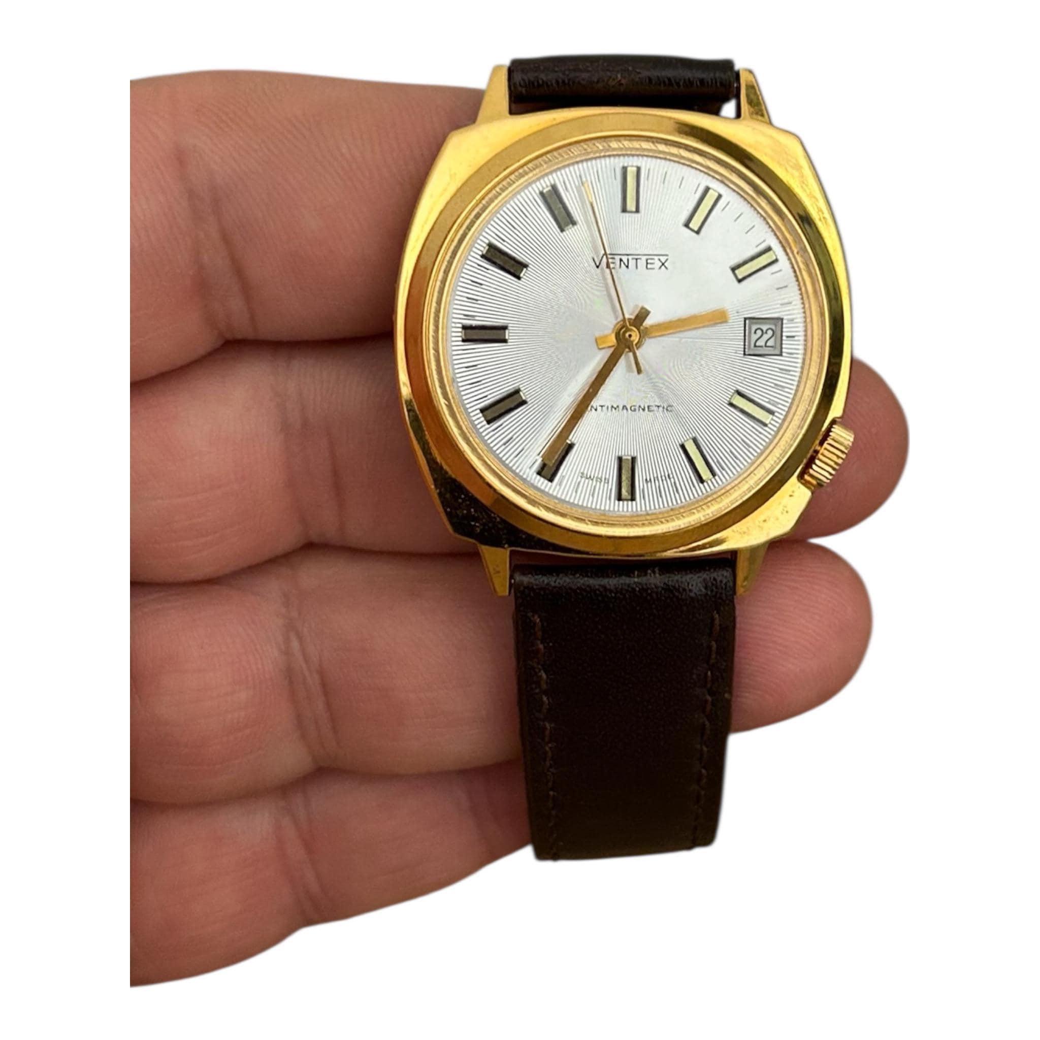 Unused Vintage Ventex Mechanical Watch: Swiss Made, Brown Strap