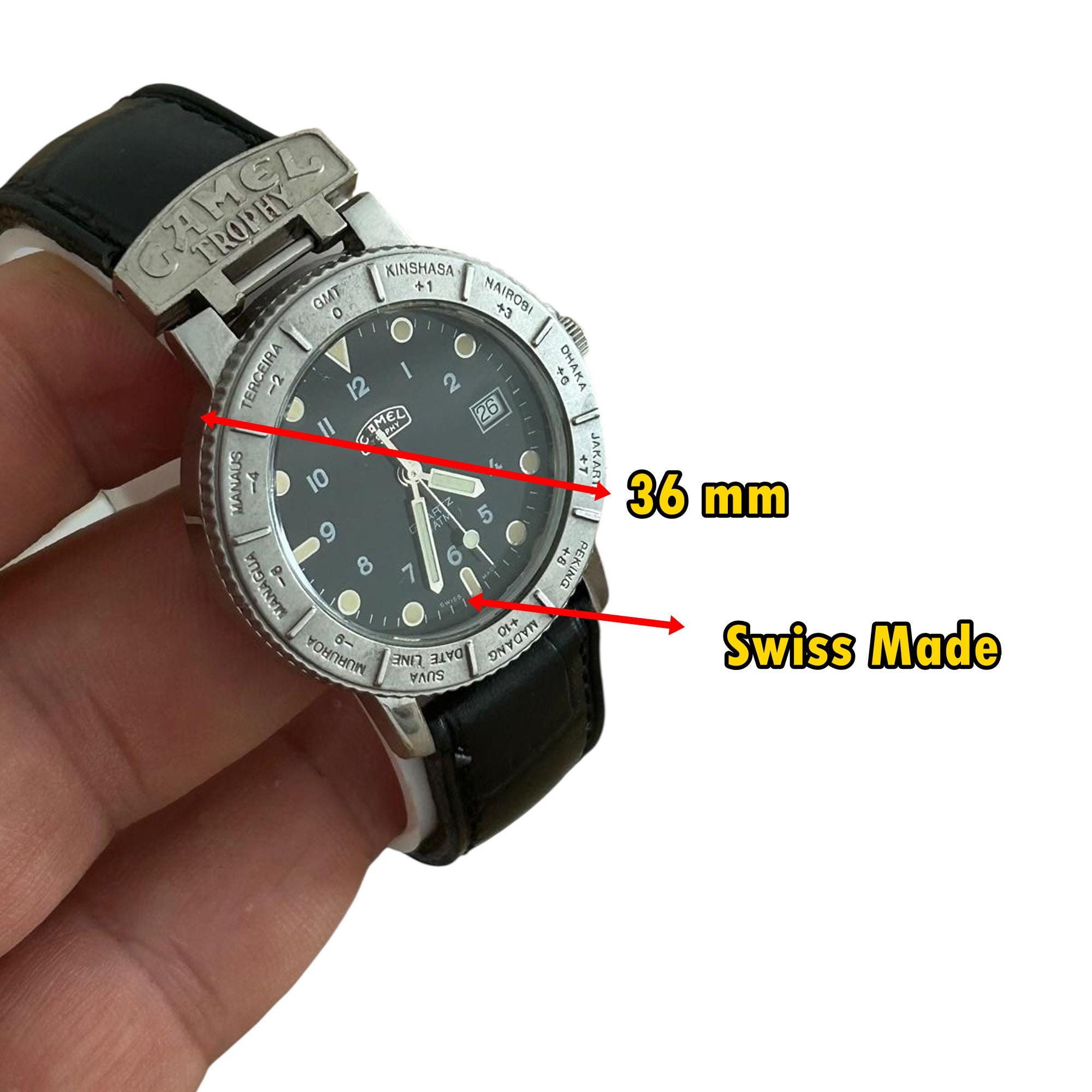 Swiss Made CAMEL Trophy Watch: Black Leather Strap, Vintage