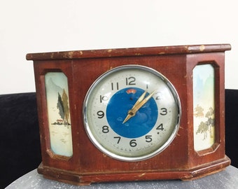 Vintage Wooden Mental Clock/1970s  Mechanical wind up Clock/Made in China/ Home Decor Mental Clock/Blue Dial Alarm Clock/Diamond Alarm Clock