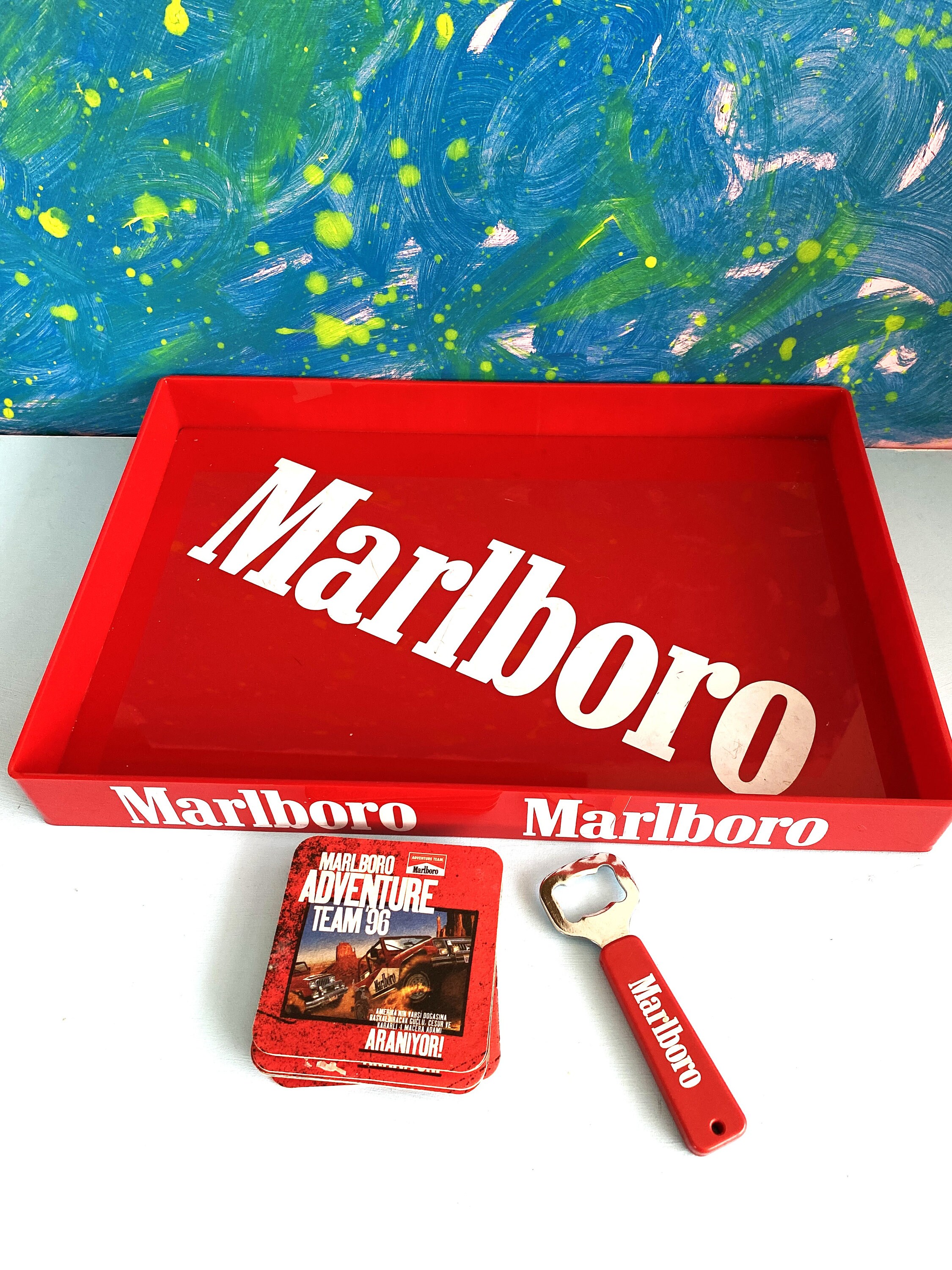 Vintage Tray, 8 Pcs. Coaster, Bottle Spout SET, 1980s