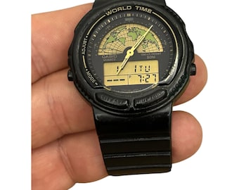ヴィンテージ カシオ AW-21U ワールドタイムウォッチ - ブラックラバー 