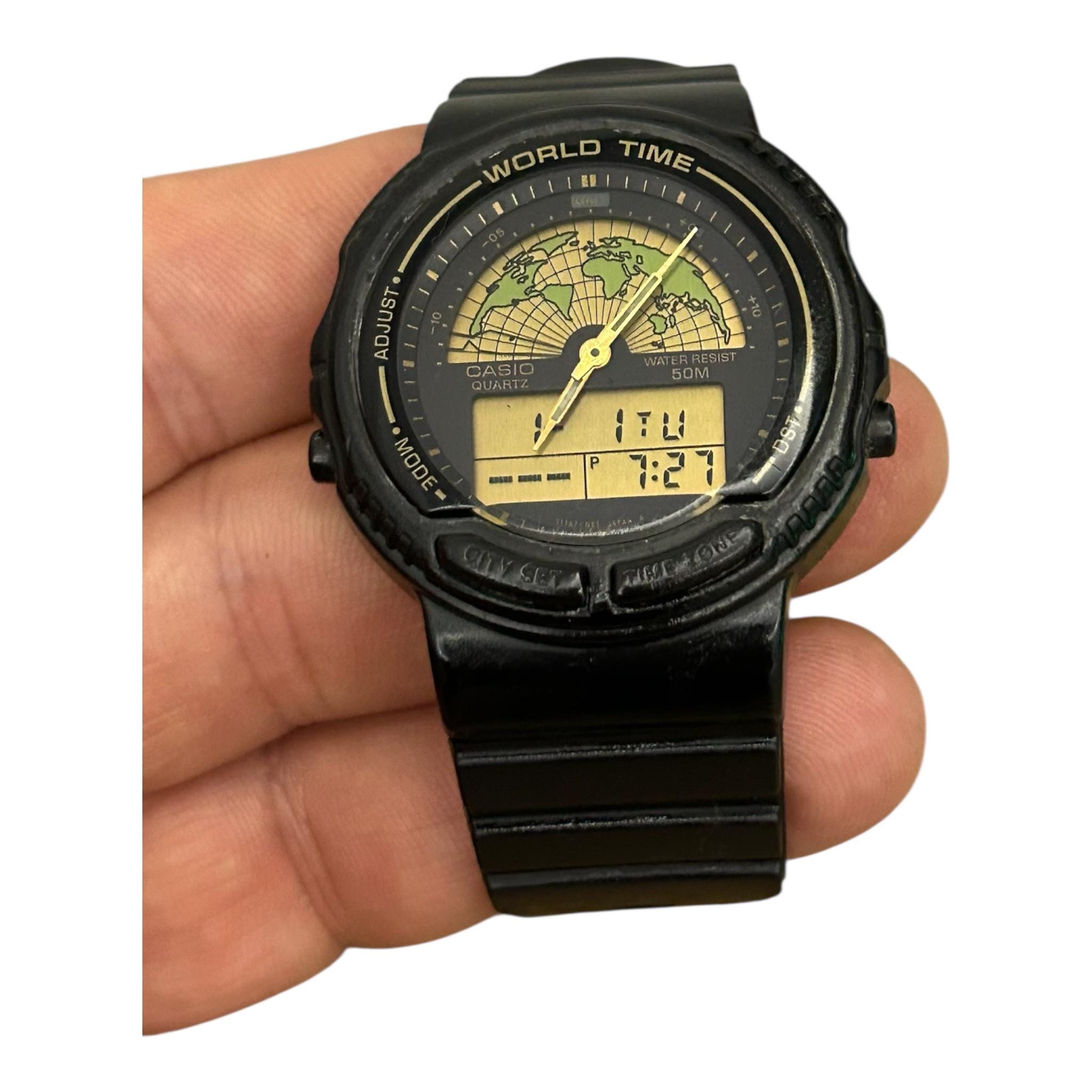ヴィンテージ カシオ AW-21U ワールドタイムウォッチ - ブラックラバー