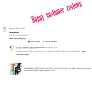 May include: Image of customer reviews with text that reads "Happy customer reviews". The reviews include a five-star rating and comments about the quality of a product. A vintage Casio watch is also shown.