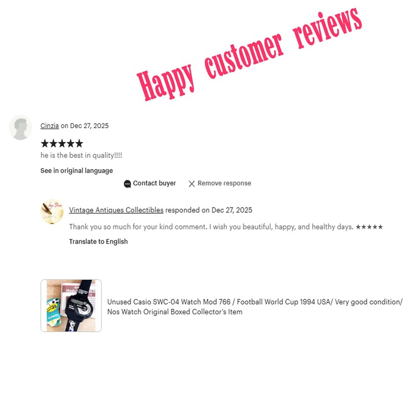 May include: Image of customer reviews with text that reads "Happy customer reviews". The reviews include a five-star rating and comments about the quality of a product. A vintage Casio watch is also shown.