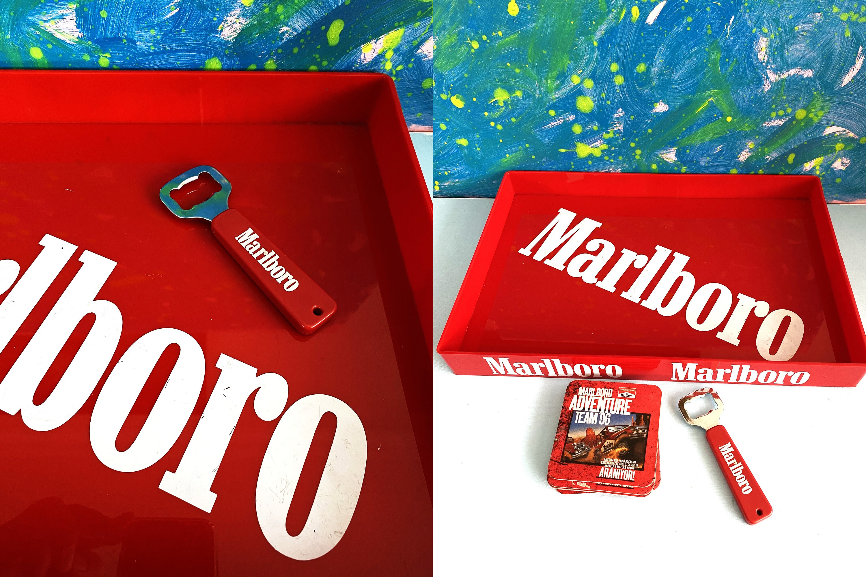 Vintage Marlboro Tray, 8 Pcs. Coaster, Bottle Spout SET, 1980s