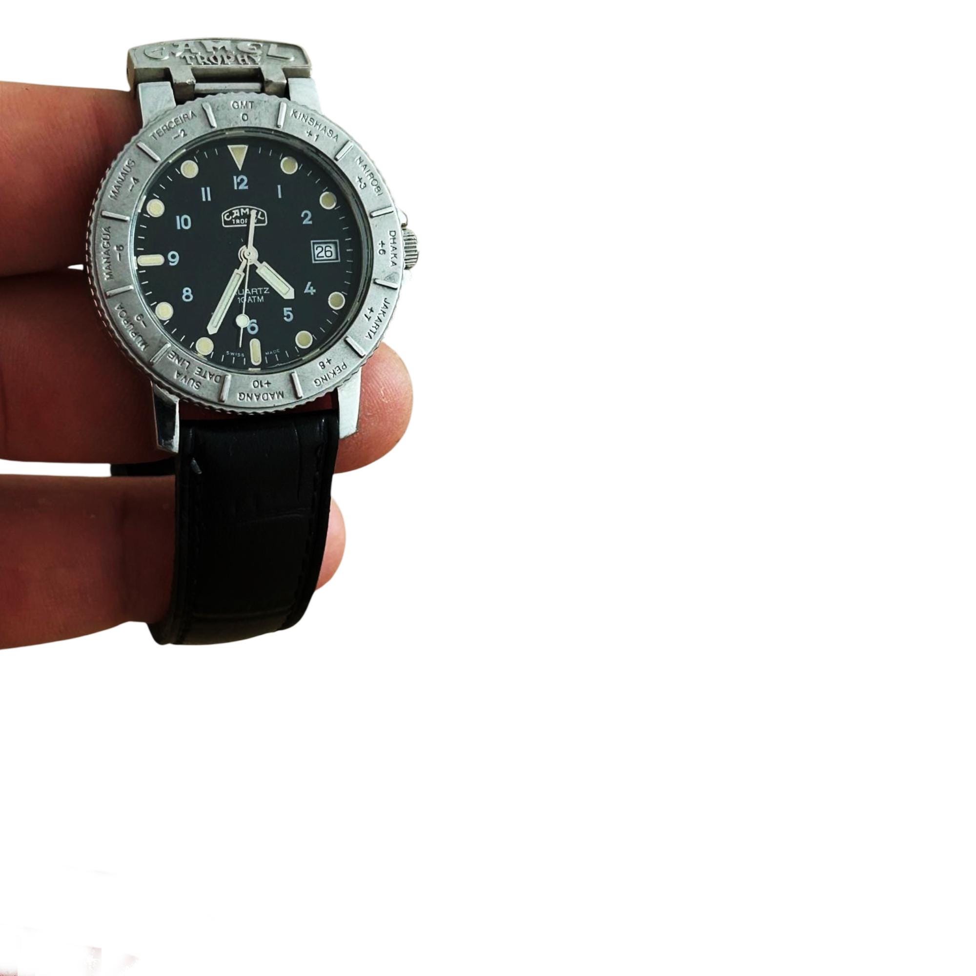 Swiss Made CAMEL Trophy Watch: Black Leather Strap, Vintage