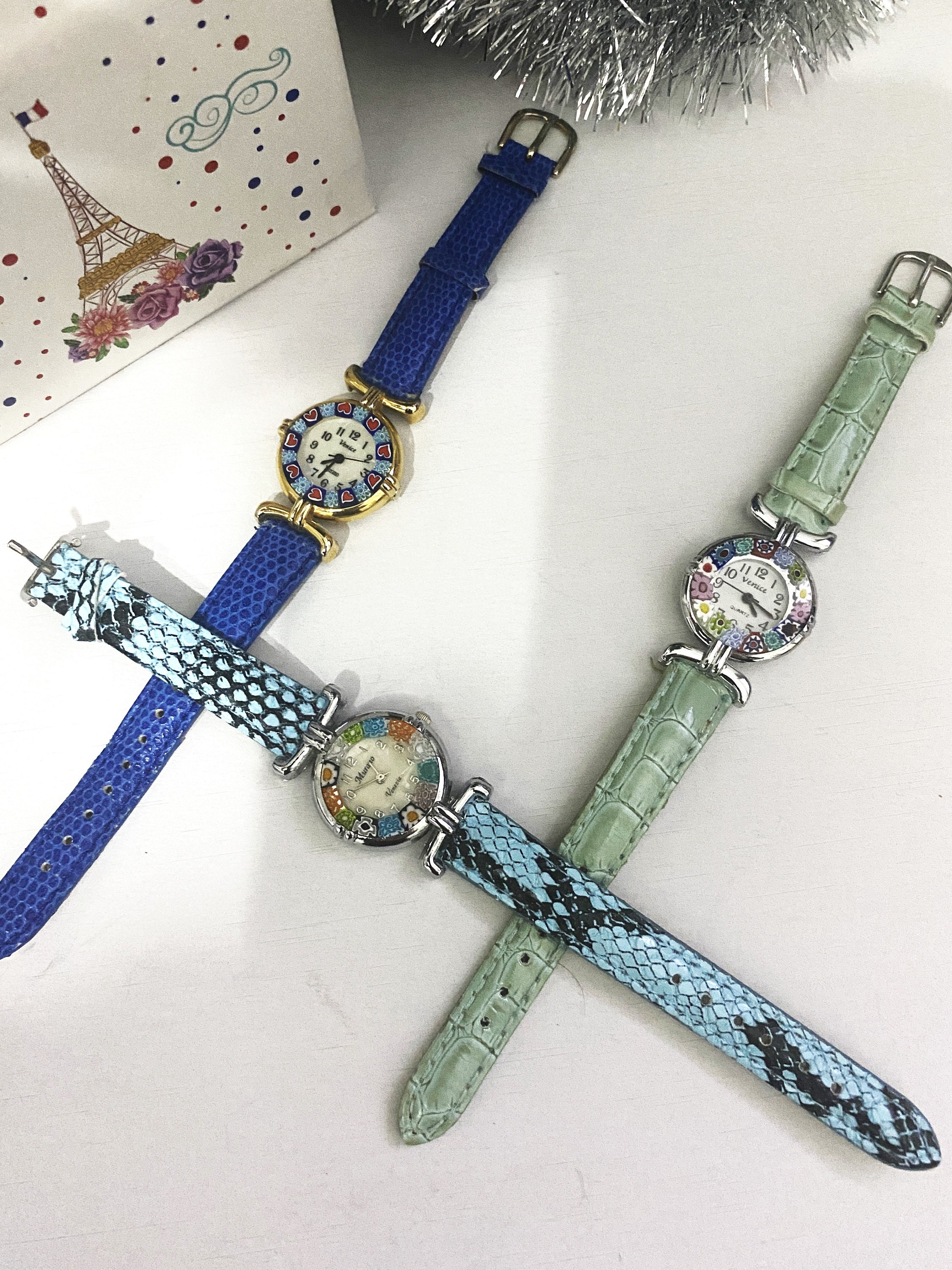 COPY - Murano Glass  Watch Blue Hand Made In Italy Murano Glass Millefiori Blue & White Watch With Blue Leather  main image 2