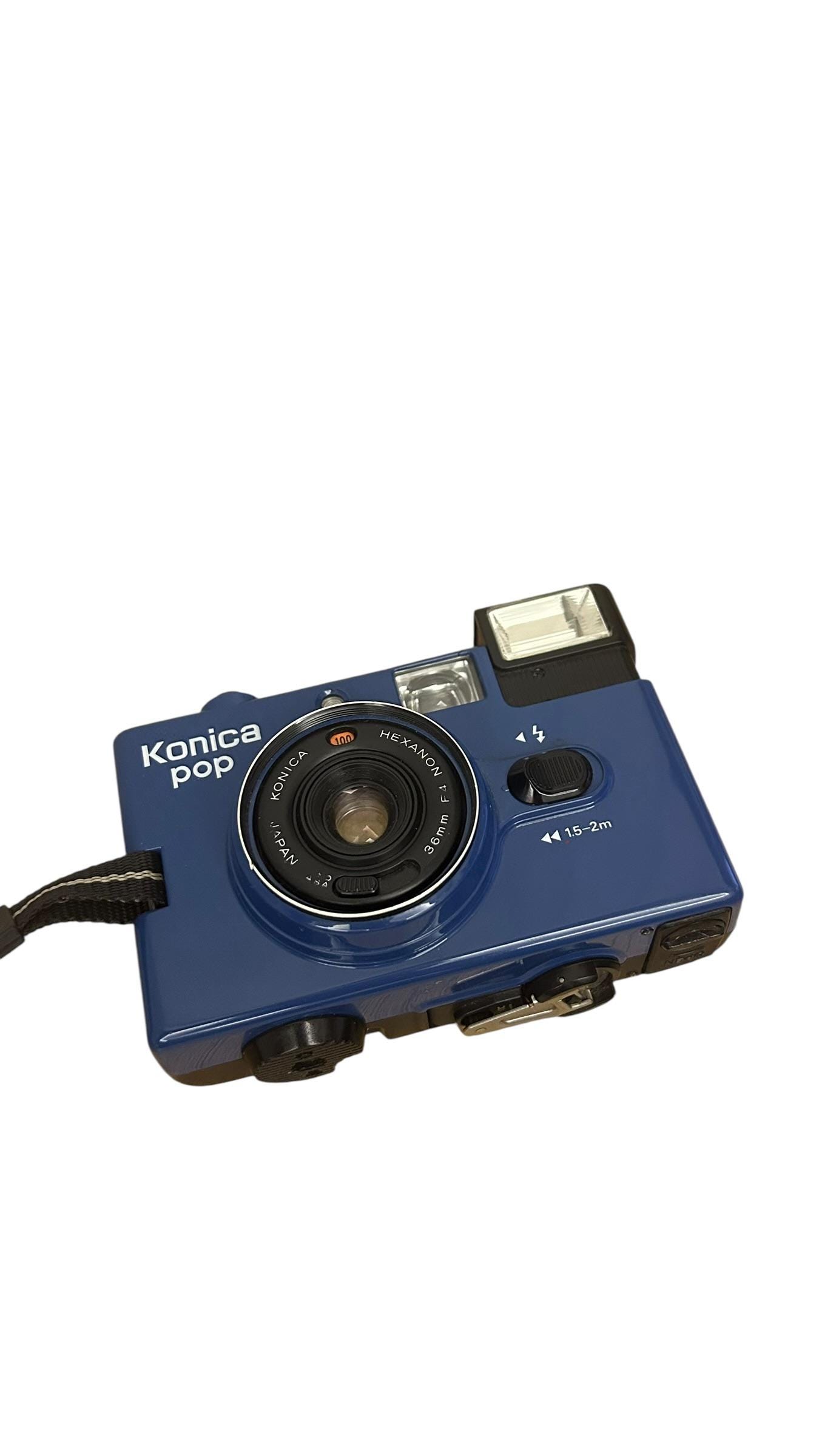 Blue Konica Pop 35mm Film Camera With Original Case, Japan Analog