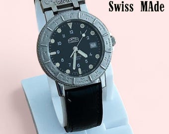 Swiss Made CAMEL Trophy Uhr: Schwarzes Lederarmband, Vintage Schmuckbox